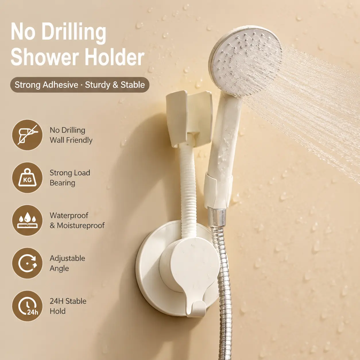 ABS Plastic Wall Mount Shower Holder - 1-Count, 360° Rotation, No-Drill Bracket with Hook for Indoor Bath Bathroom Use