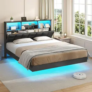VIAGDO Full Size Floating Bed Frame with Multifunctional Headboard, Hidden Storage, USB-Type-C Charging Station, LED Lights, No Box Spring Needed, Black Indoor Apartment Furniture, Full Size Bed