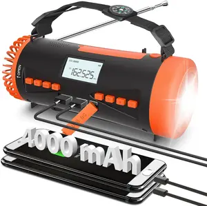 4000mAh NOAA Weather Alert Emergency Radio with Hand Crank, Rechargeable Battery, LCD Screen, Flashlight, SOS Alarm & USB Charger for Hurricane Preparedness, Outdoor Camping & Survival