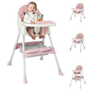Foldable Baby High Chair, 2-in-1 Portable Convertible Highchair with Removable Dual-Layer Tray, 5-Point Safety Harness and Storage Bag for Toddlers & Babies