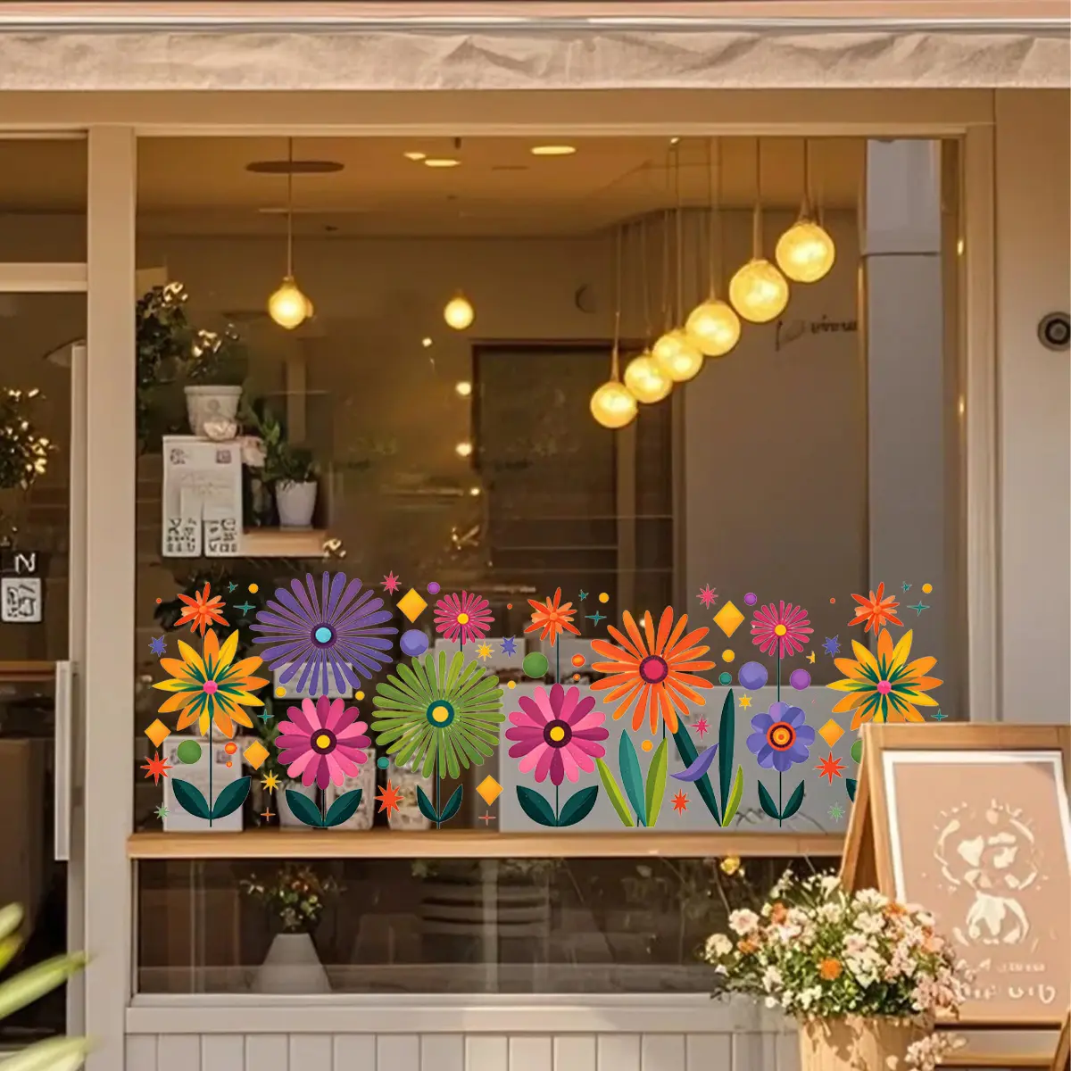 A 2D flat window sticker with colorful dotted flowers, size 30*90cm, electrostatic glass sticker for window decoration, D21637-KR