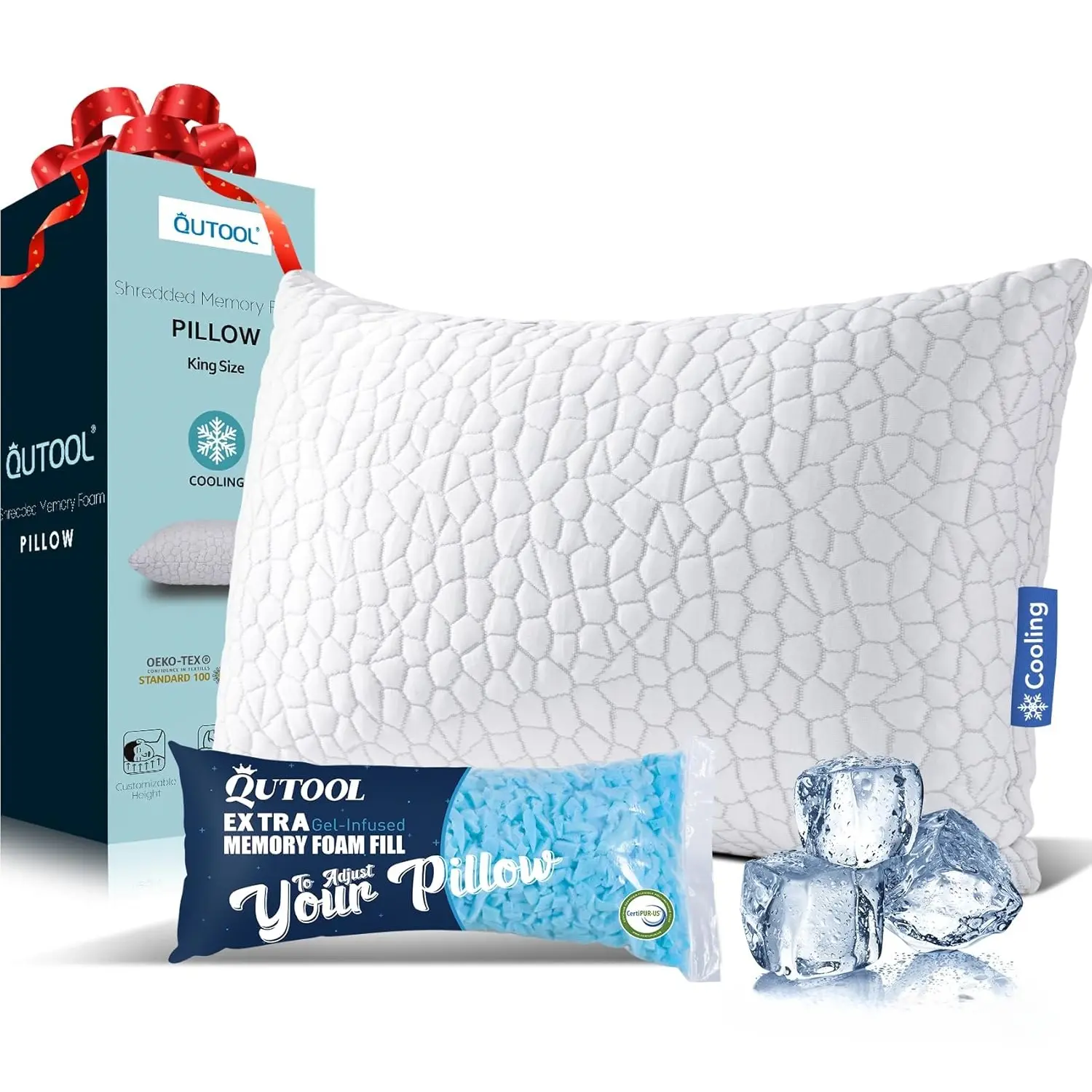 【Summer Pick】QUTOOL Cooling Bed Pillow for Sleeping, Cool Pillow Adjustable Shredded Memory Foam Cold Gel Pillow for Side Back Stomach Sleepers with Washable Removable Cover, Decor Bedroom Accessories, Home Decor, Deep Sleep Gifts, Summerwins