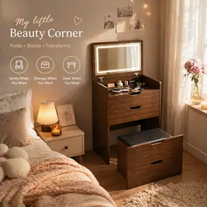 3-in-1 Vanity Desk with Lighted Mirror & Stool, Flip Top Makeup Dressing Table, Compact Storage for Bedroom, Bathroom, Dressing Room