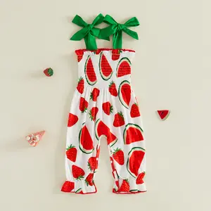 Baby Girls Summer Overalls Adorable Watermelon Flower Print Sleeveless Square Neck Jumpsuit