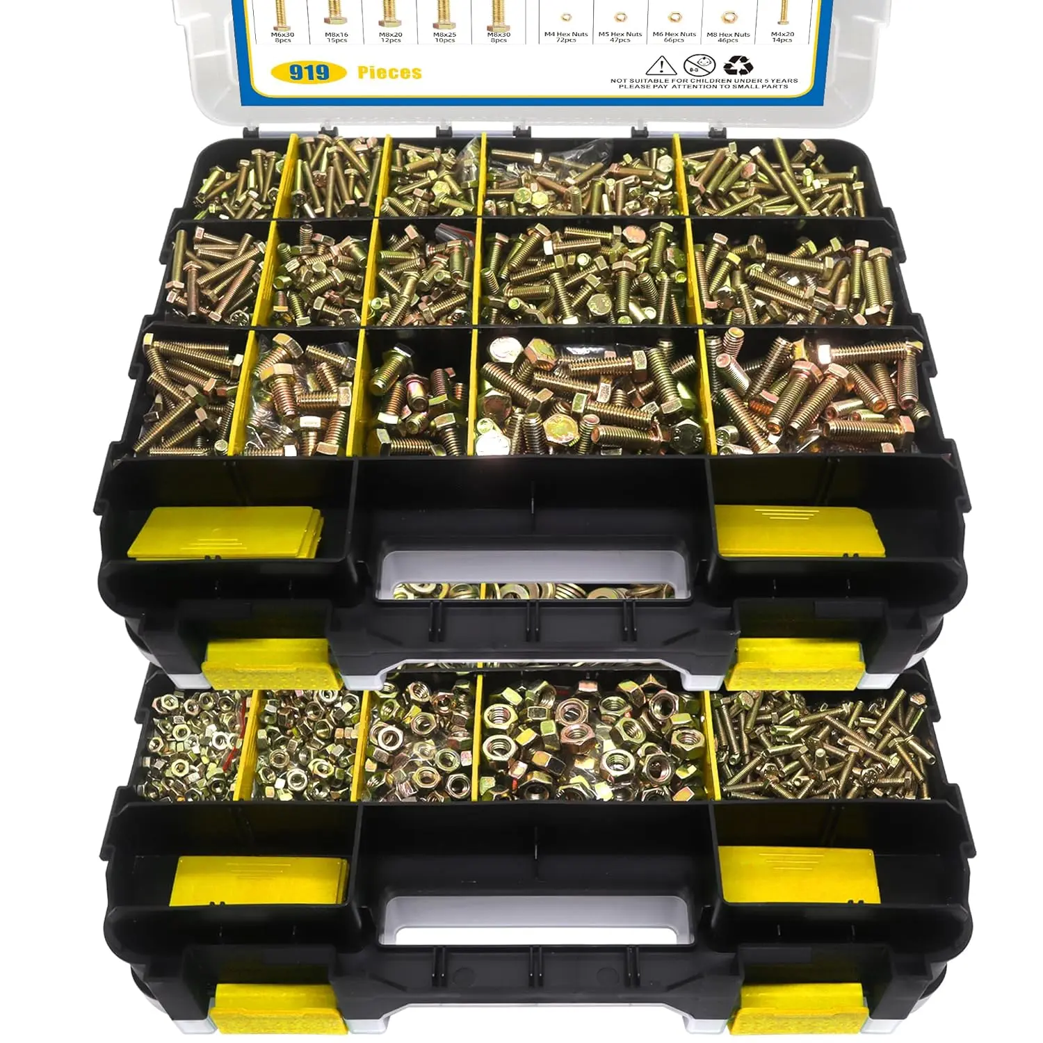 919 Pcs 8.8 Metric Bolt Assortment, M4 M5 M6 M8 and Nuts Kit, Yellow Zinc Plated, Length from 12-30mm (Yellow Box)