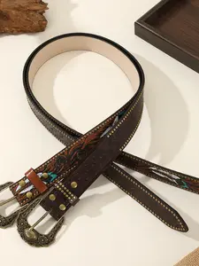 Western Bohemian Belt, Trendy New Rose Pattern Print, Turquoise Bead Alloy Buckle, Unique Waist Belt, Fashion Accessory