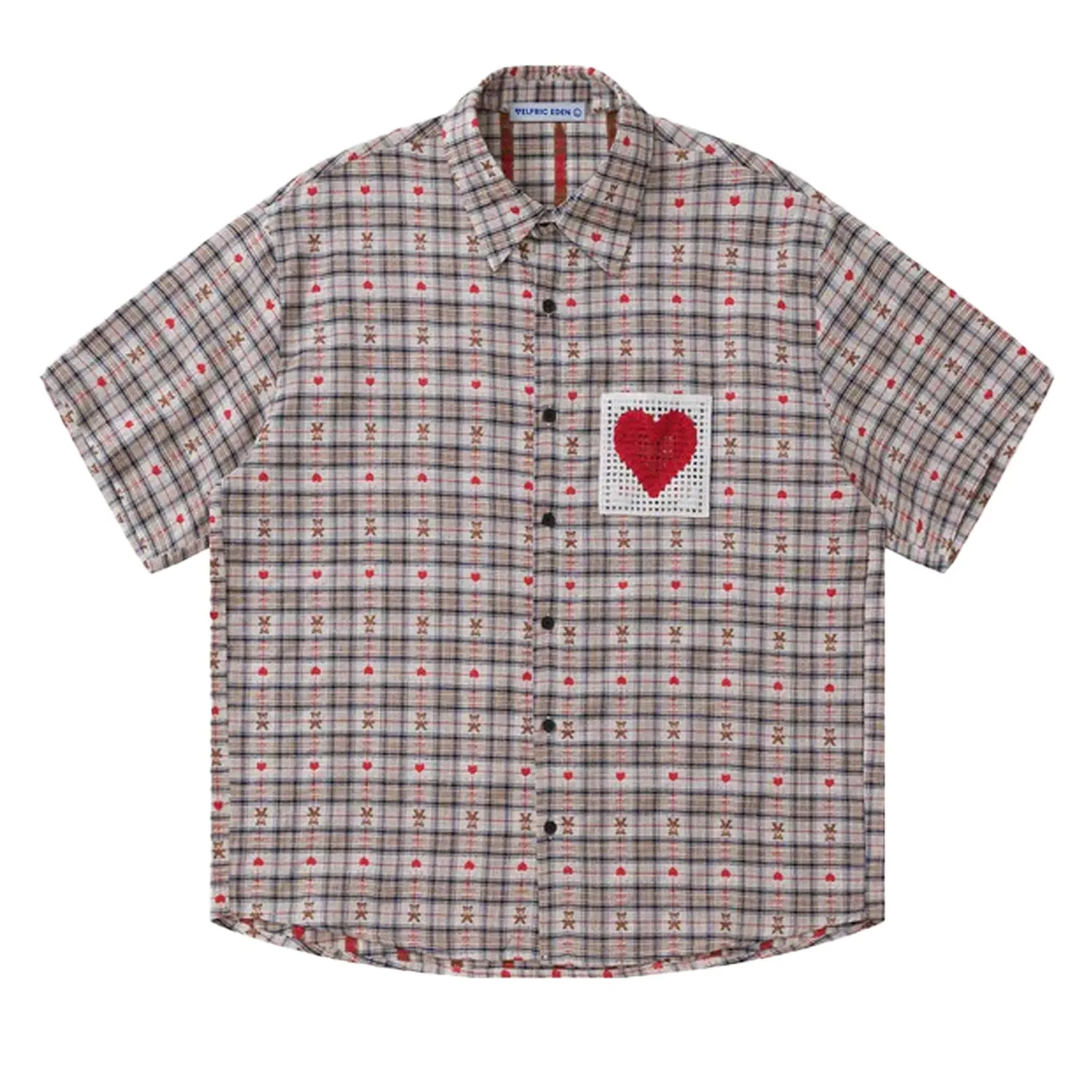 Aelfric Eden Menswear Cotton Plaid Loose Short-Sleeve Button-Down Collar Shirt, Unisex Cut-Out Heart Casual Summer Streetwear Top,summerwins,father'sdaygifts