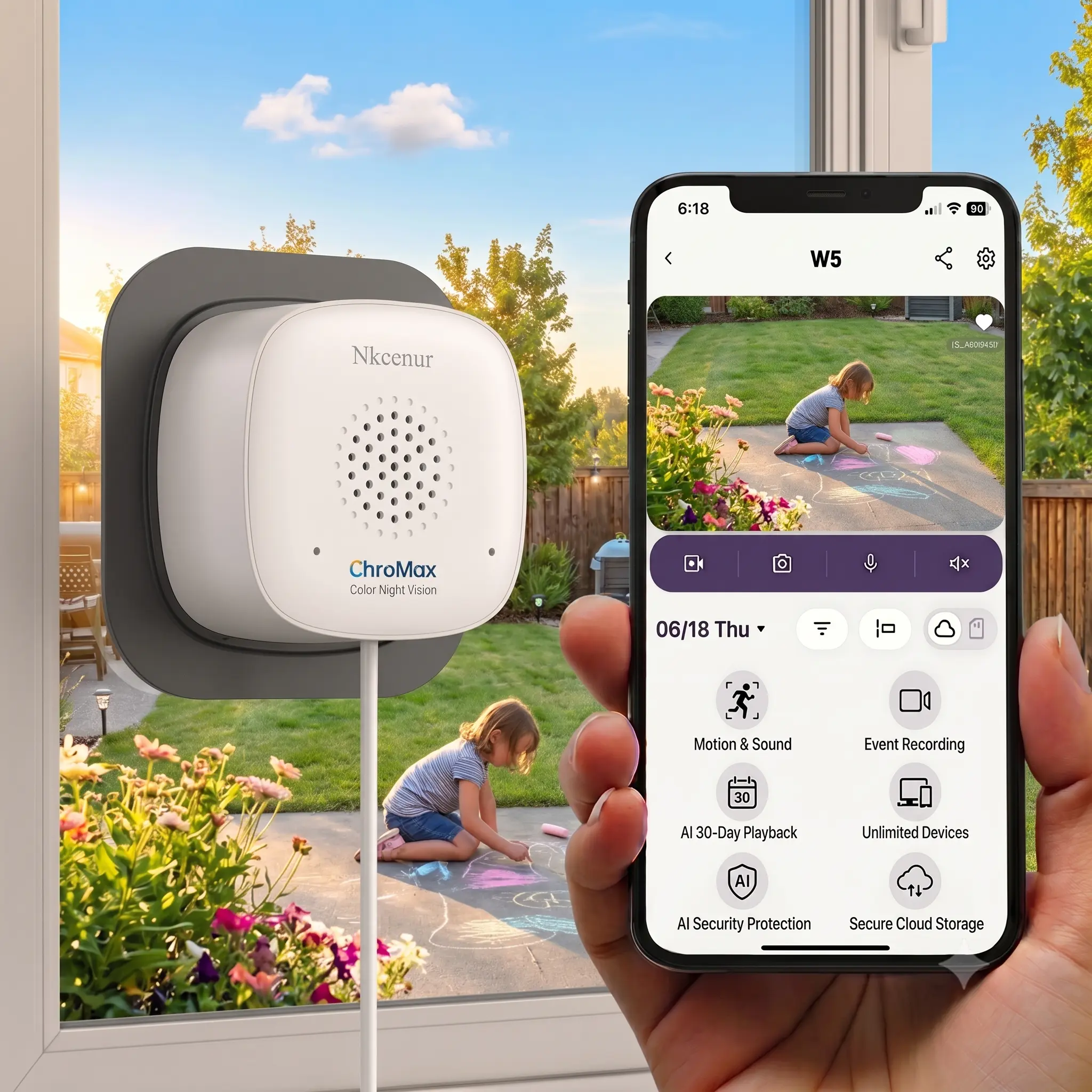 NKccnur  Window Security Camera 3MP 2K, Indoor WiFi Cameras 2.4GHz/5GHz with Colorvue AI Color Night Vision, Motion & Person Detection with Auto-Focus , Easy Installation, 24/7 Recording Works with Alexa & Google Home