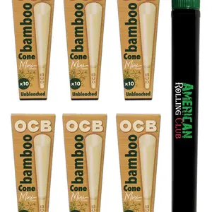 OCB Bamboo Mini Cones ~ 6 Packs of 10 ~ (60 Cones Total) Unbleached Pre Rolled Cigarette Paper with Tips ~ Includes ARC Saver Tube