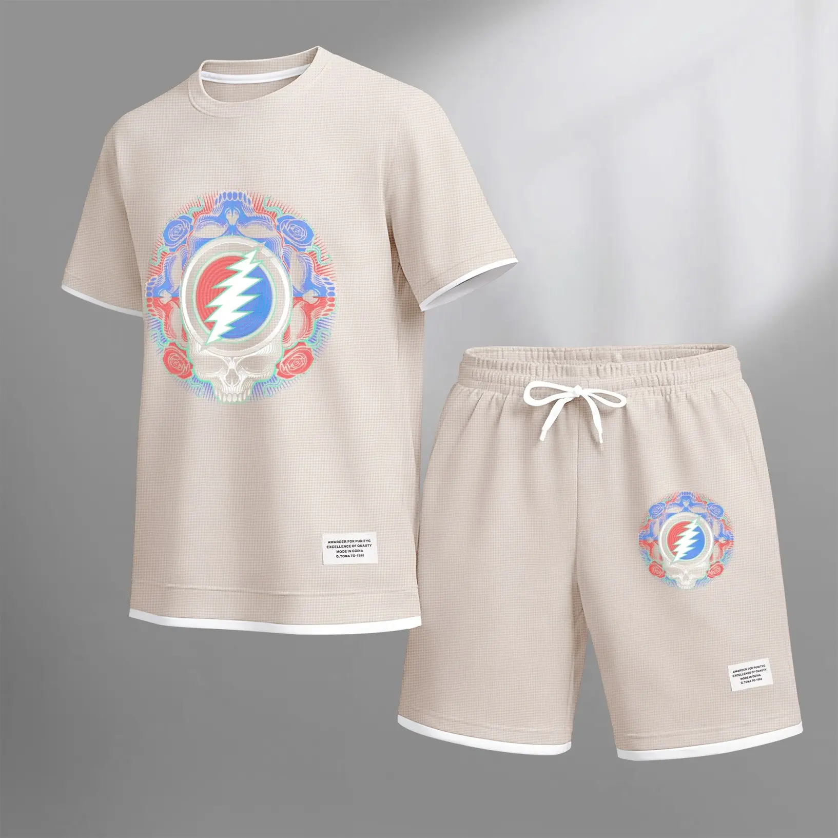 Men's vintage music print drawstring shorts set, ideal for spring and summer. This casual summer outfit includes a short-sleeved shirt and shorts, suitable for everyday wear and sports and leisure activities.