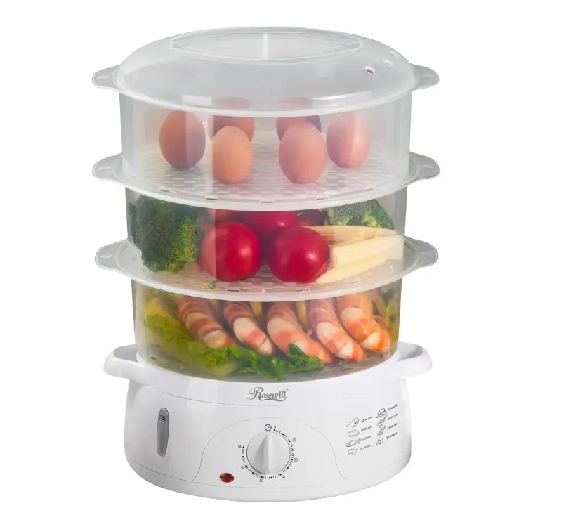 ROSEWILL 4 in 1 Electric Food Steamer, Steamer, Baby food maker, Rice cooker and Sterilizer, 800W turbo steam fast heating, 3 Tier stackable baskets,9.5Qt
