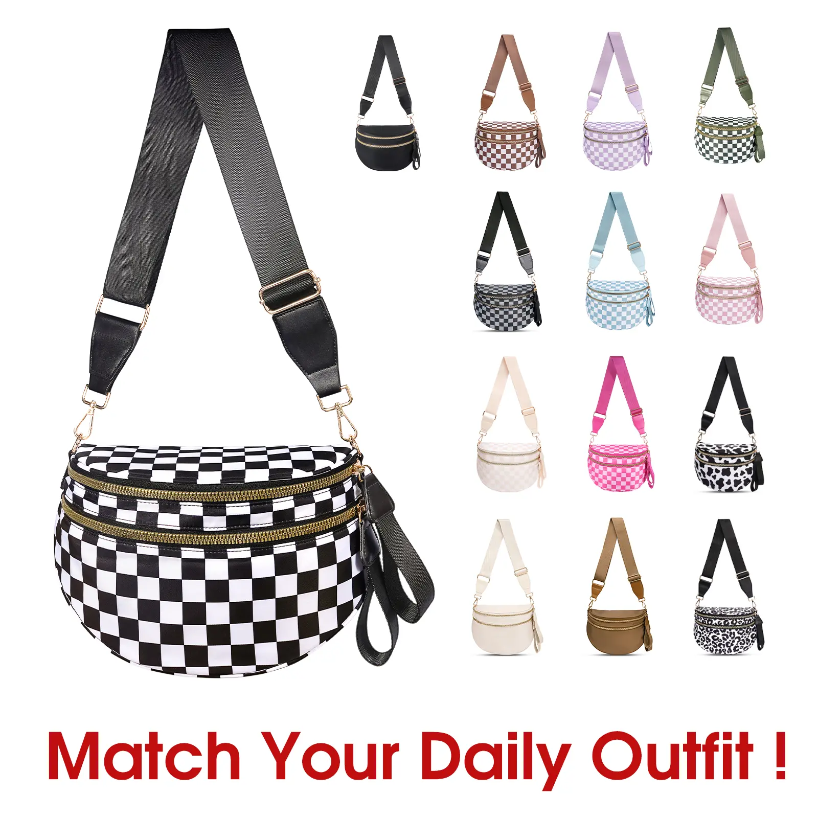 Checkered Nylon Fanny Pack for Women & Men, Plus Size Friendly Waterproof Crossbody Belt Bag with Adjustable 54" Strap, Anti-Pickpocket Pockets for Travel, Waterproof Fanny Pack, Waist Bag Holder, Zipper Belt Bag