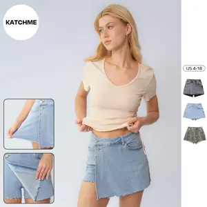 KatchMe Women's Leisure Layered High Waist Raw Hemline Denim Skorts (2), Chic Streetwear Outfits, Casual Women's Bottom, Vacation Summer Shorts