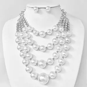 Multi-Layered Pearl Statement Necklace: Rhodium,White