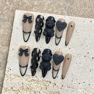 Bear Hand-made Press-on Nails |   Black Bow & Heart Clear French Tip False Nails |   Coffin Shape |   Glossy