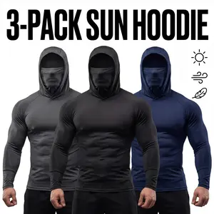 3 Pack Men's UPF Sun Shirt Hoodie with Face Mask Neck Gaiter - Quick Dry Lightweight Long Sleeve Cooling Tops for Fishing, Workout, Tactical & Outdoor Workwear