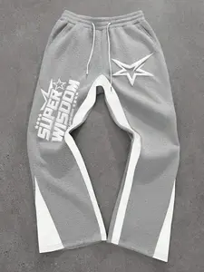 Men’s grey streetwear sweatpants, "Super Wisdom" text print, star graphics, white panel details, elastic waistband, drawstring closure, relaxed fit, soft fleece fabric, casual daily wear, urban fashion style, Casual Comfy Sweatpants