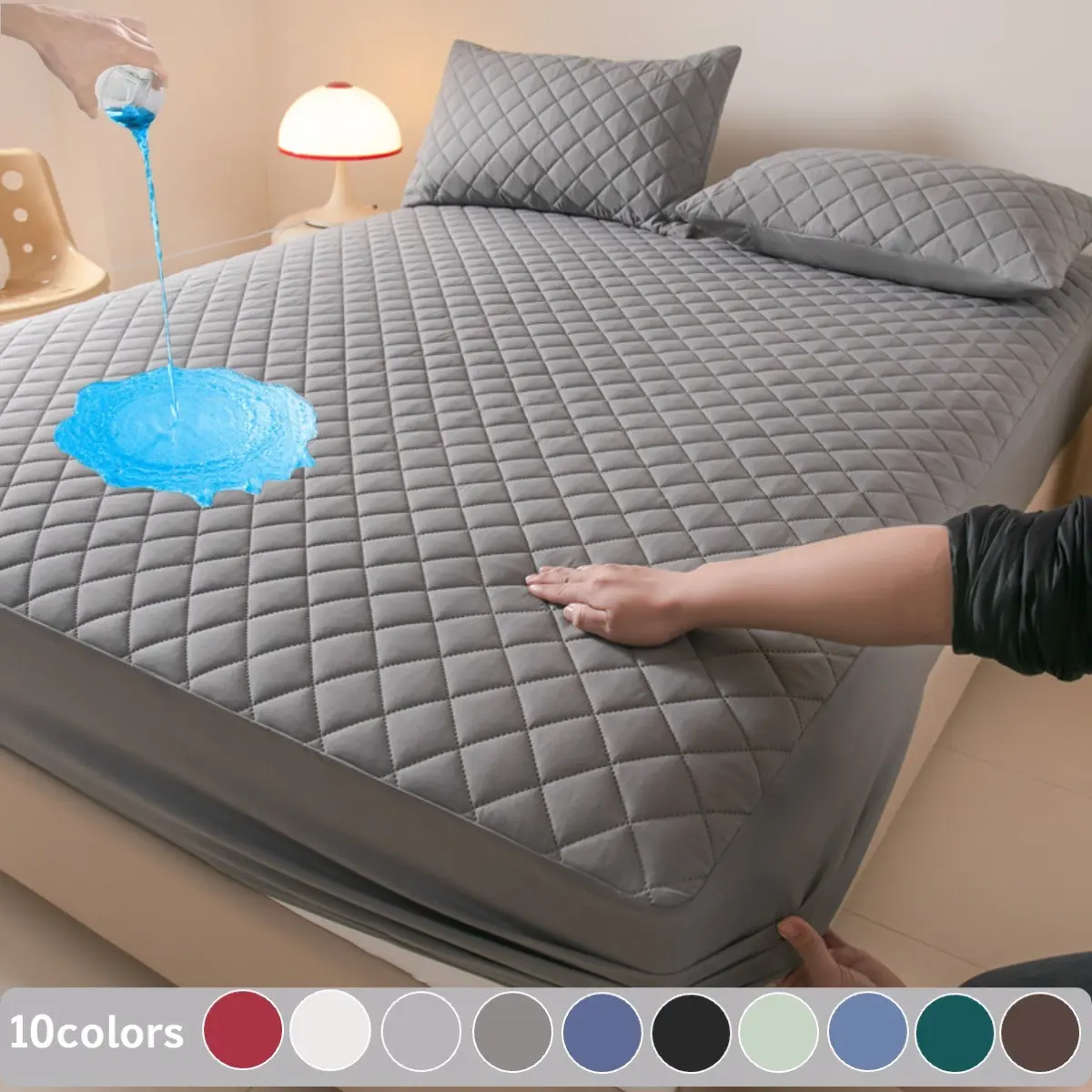 2/3-Piece Thin Waterproof Mattress Protector Set, Diamond-Quilted Fitted Sheet with Pillowcases and Deep-Pocket Bed Cover, Soft Breathable Noiseless and Machine-Washable Bedding for Bedroom, Apartment, Dorm and Pets
