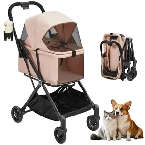 Pet Stroller for Dogs & Cats, 4 Wheels Lightweight Foldable Pet Stroller for Small to Medium Pets Up to 50 Lbs, 360° Rotating Front Wheels, Foot Brake System, Breathable Mesh & Storage Pocket, Portable Travel Pet Carrier