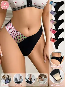 5-pack leopard print panties, suitable for daily wear and festive activities in autumn and winter, V-shaped low-rise thong with heart-shaped LOVE lettering, Womenswear, Underwear