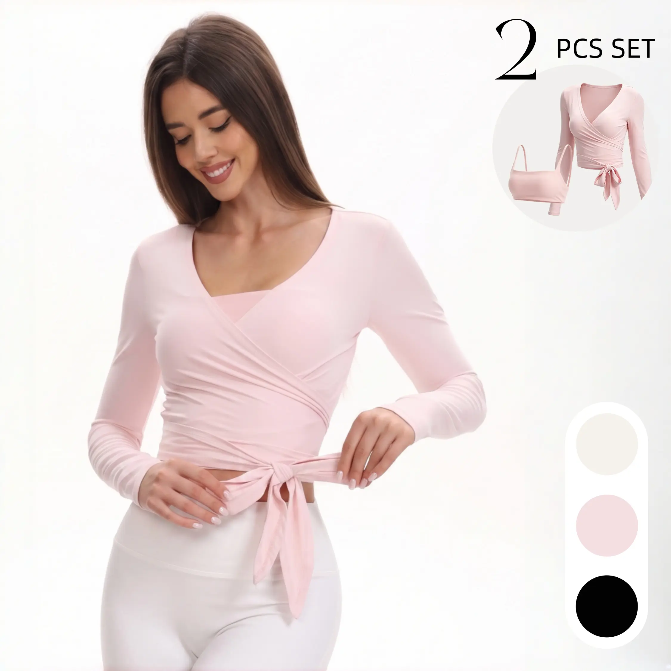 2 Piece Workout Sets for Women Long Sleeve Wrap Top and Square Neck Sports Bra Ribbed Slim Fit Yoga Gym Outfits summerwins