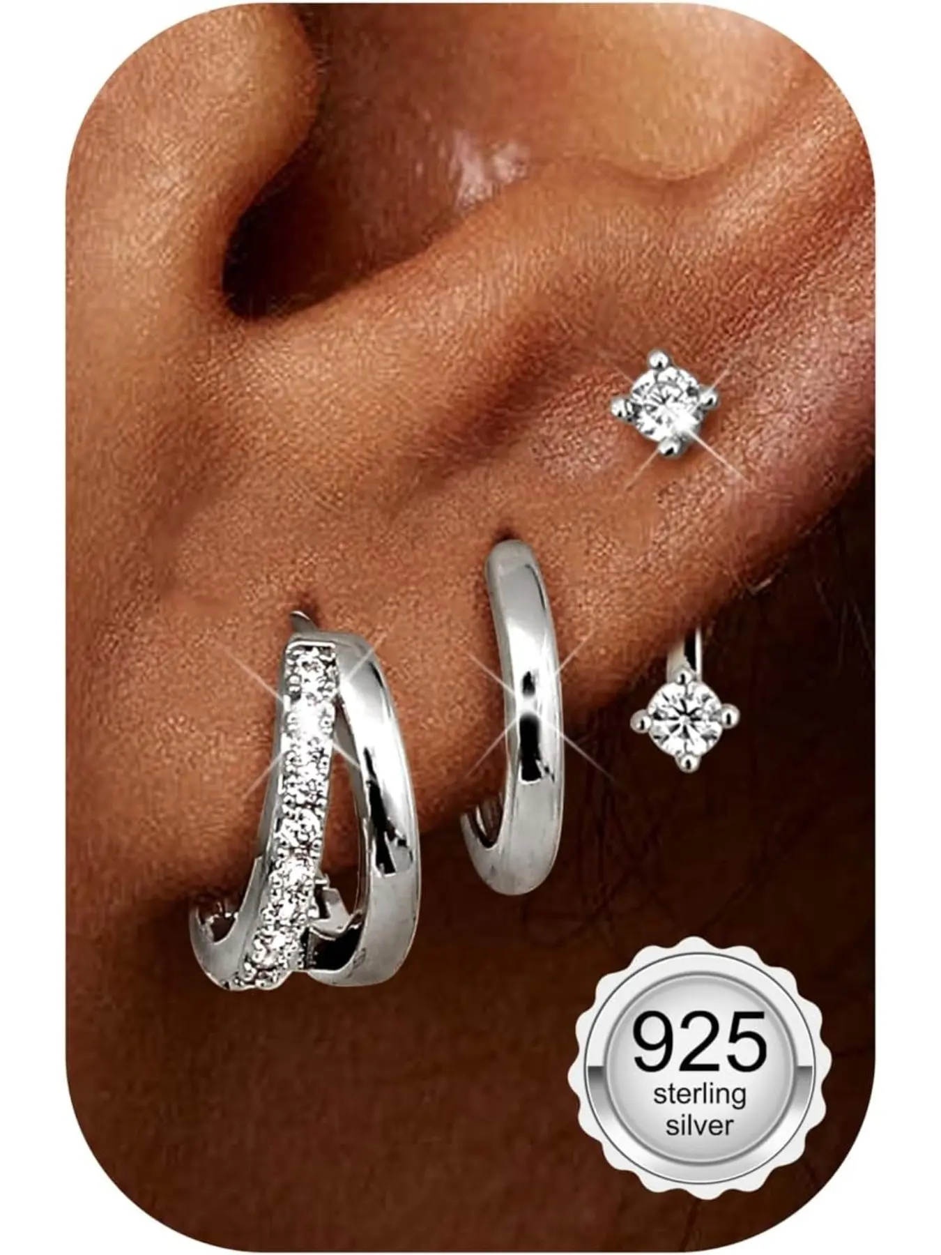 3 Pairs 925 Sterling Silver Stud Hoop Earrings for Women 14K Gold Plated Hypoallergenic Earrings Stacks with Cubic Zirconia Huggie Silver Earrings Sets for Multiple Piercings Gold/Silver Earrings Jewelry