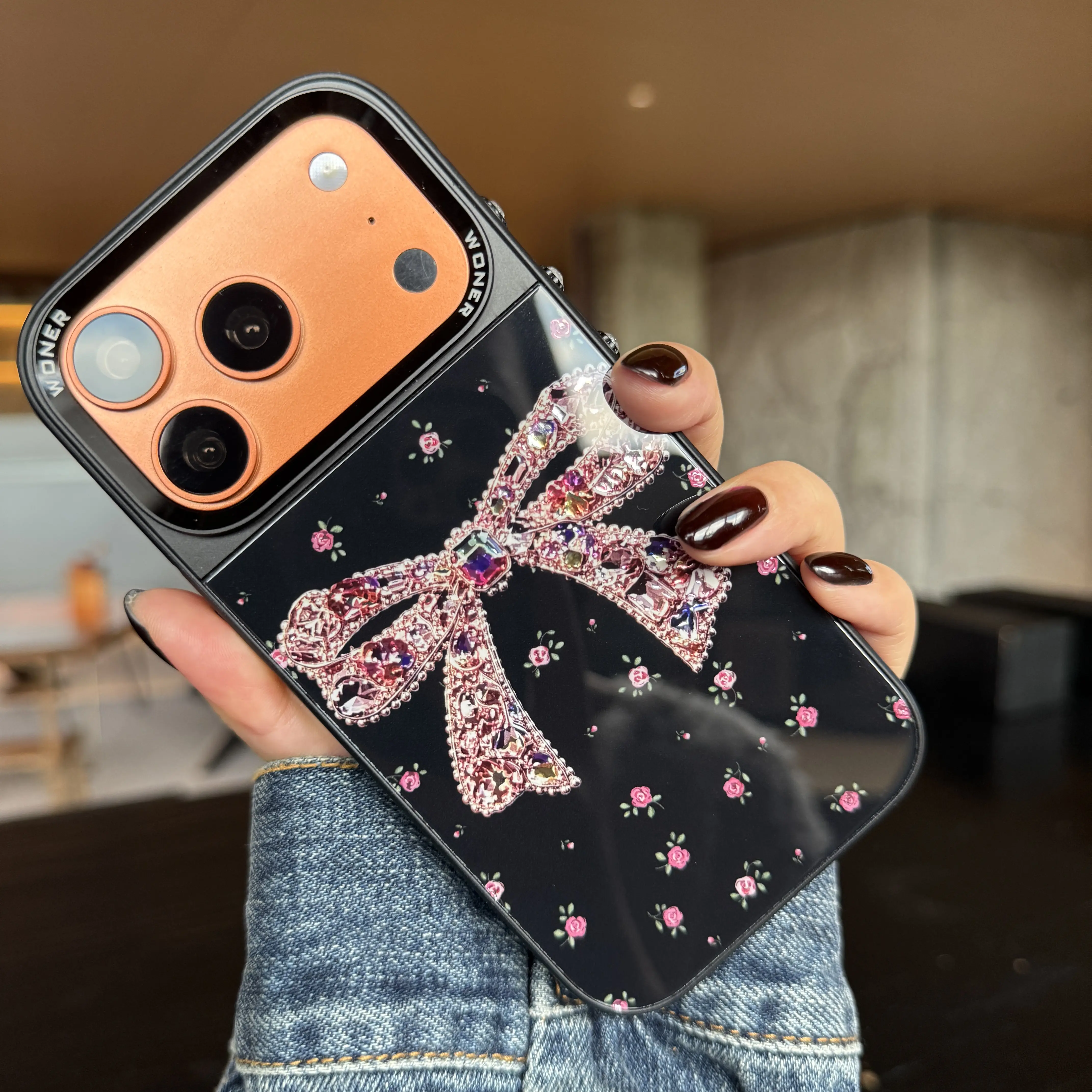 Labzone for iPhone 17 16 15 Pro Max Magnetic Phone case Bow Round rhinestone button Protective Cover for Apple Phones ,Rose Design Case High Quality [Applicable to Magsafe] Black Glittery For girl Women