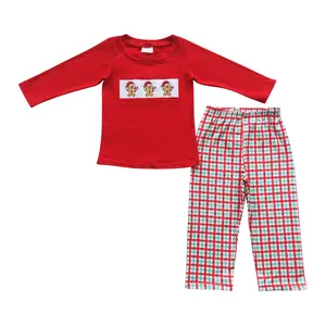 BLP0202--Christmas kid clothing long sleeve embroidery gingerbread boys set
