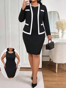 Spring/Autumn Women's Two-Piece Dress Set, Elegant Contrast Color  Business Commute, Round Neck Black and White Women's Two-Piece Dress Set