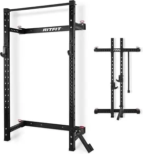 RitFit 2.36'' x 2.36'' Folding Squat Rack for Home Gym, Wall Mounted Squat Rack with Attachments - Space Saving Squat Power Rack, Black