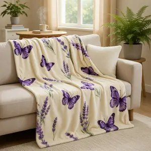 Lavender Butterfly Flannel Blanket Soft Cozy Throw Purple Floral Botanical Design Lightweight Warm Plush for Couch Bed Aesthetic Home Decor Gift for Women Girls