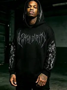 Men's Dark Metal Style Hooded Sweatshirt, Skull Cross Full Print, Casual Asymmetrical Design, Long Sleeve, Fitted, Spring & Fall