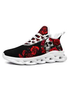 Men's Black Skull Rose Print Casual Sneakers, Plus Size Lace Up Sports Trainers for Halloween Party Festival, Lightweight Breathable Running Shoes for Casual Outings, Fashion Street Style Party Gift, Graphic Print Sneakers