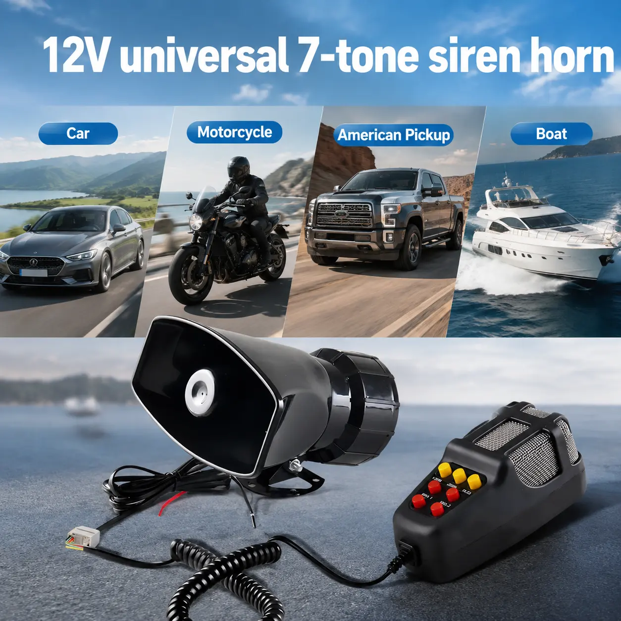 2026 New Model 7-Speaker Unit - Vehicle Universal Fit, includes microphone for voice announcements, plug-in or hardwired options, suitable for 12V cars, motorcycles, all-terrain ATVs, and boats; compatible with most 12V vehicles in North America.