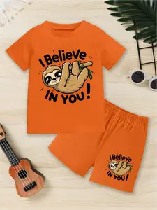 2Pcs Boys Casual Crew Neck Short Sleeve T-shirt Shorts Set, Healing Sloth Pattern Print, Summer Fashion Cool Daily Outfit
