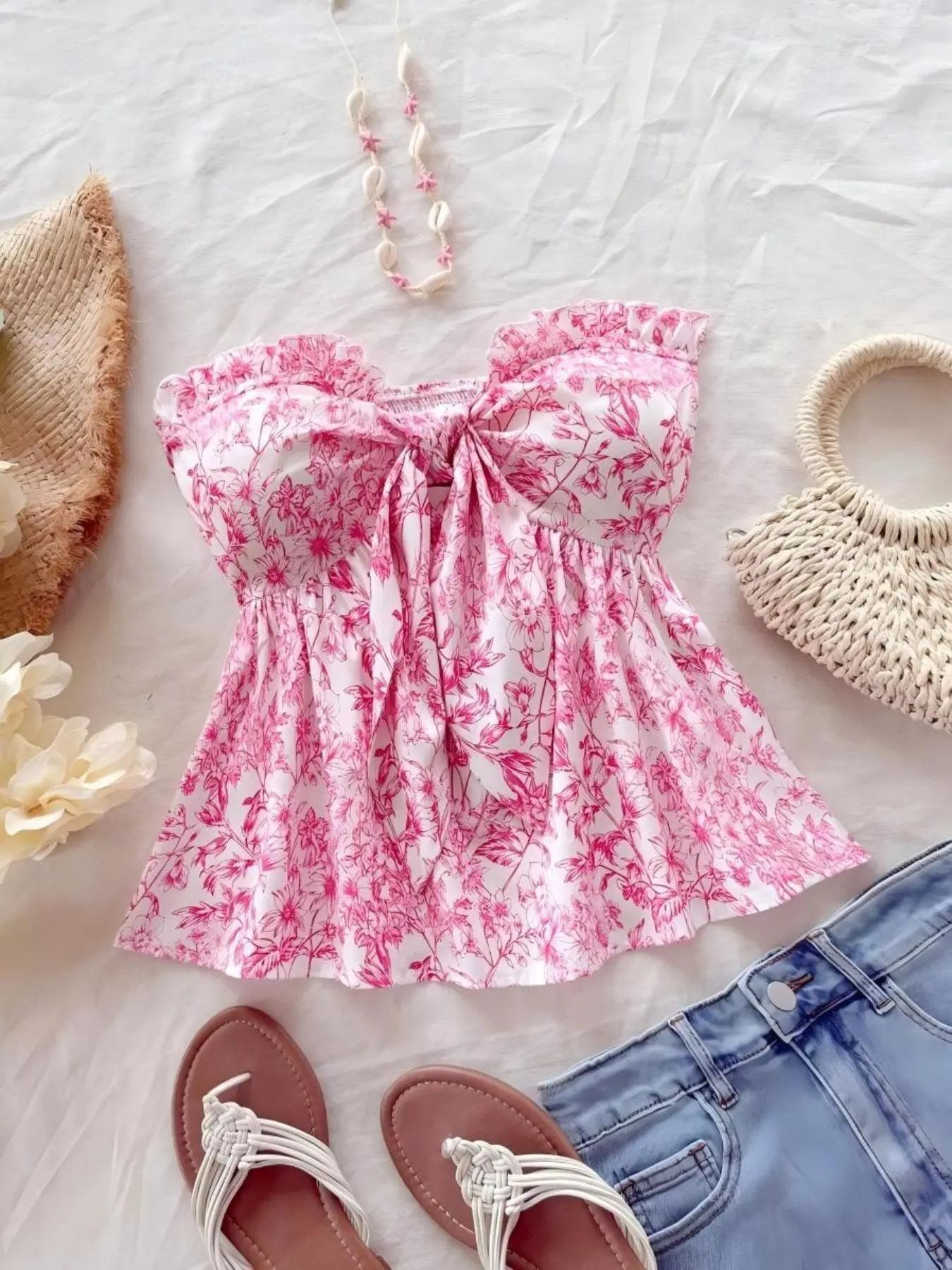 Summer Fashion Sexy Print Top, Boho Fashion Casual Vacation Casual Tie Waist A-Line Hem, Women's Stylish Blouse for Daily Wear, Floral Print Bandeau, Casual Sleeveless Tank