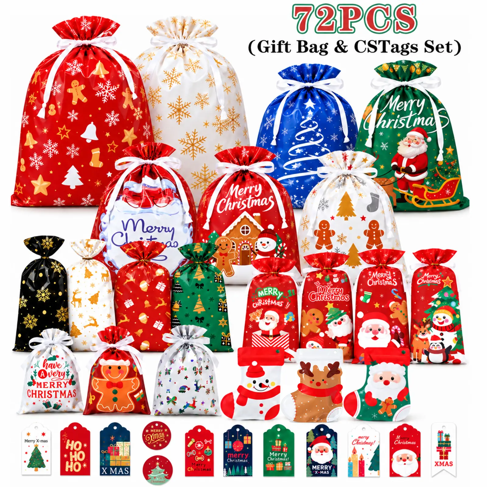 72PCS Christmas Gift Bag Set (24 Bags + 48 Tags), Assorted Sizes Holiday Drawstring Treat Bags, Christmas Stocking Bags for Candy, Small Presents, Party Favors and Holiday Gift Giving