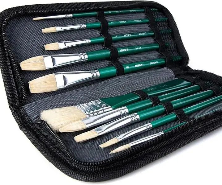 ARTIFY Intermediate Series 10-Piece Hog Bristle Paint Brush Set with Carrying Case, Premium Brushes for Acrylic, Oil Art Painting (Green)