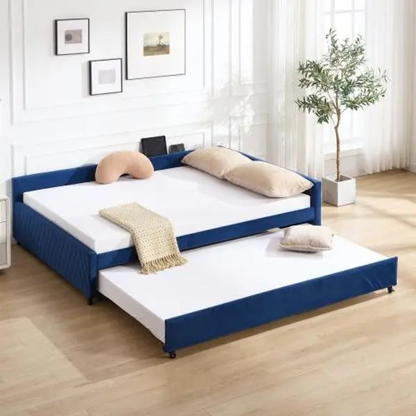 【Bellemave】Upholstered Daybed with Trundle,sturdy wooden bed frame, modern diamond grid design,for Bedroom, Guest Room