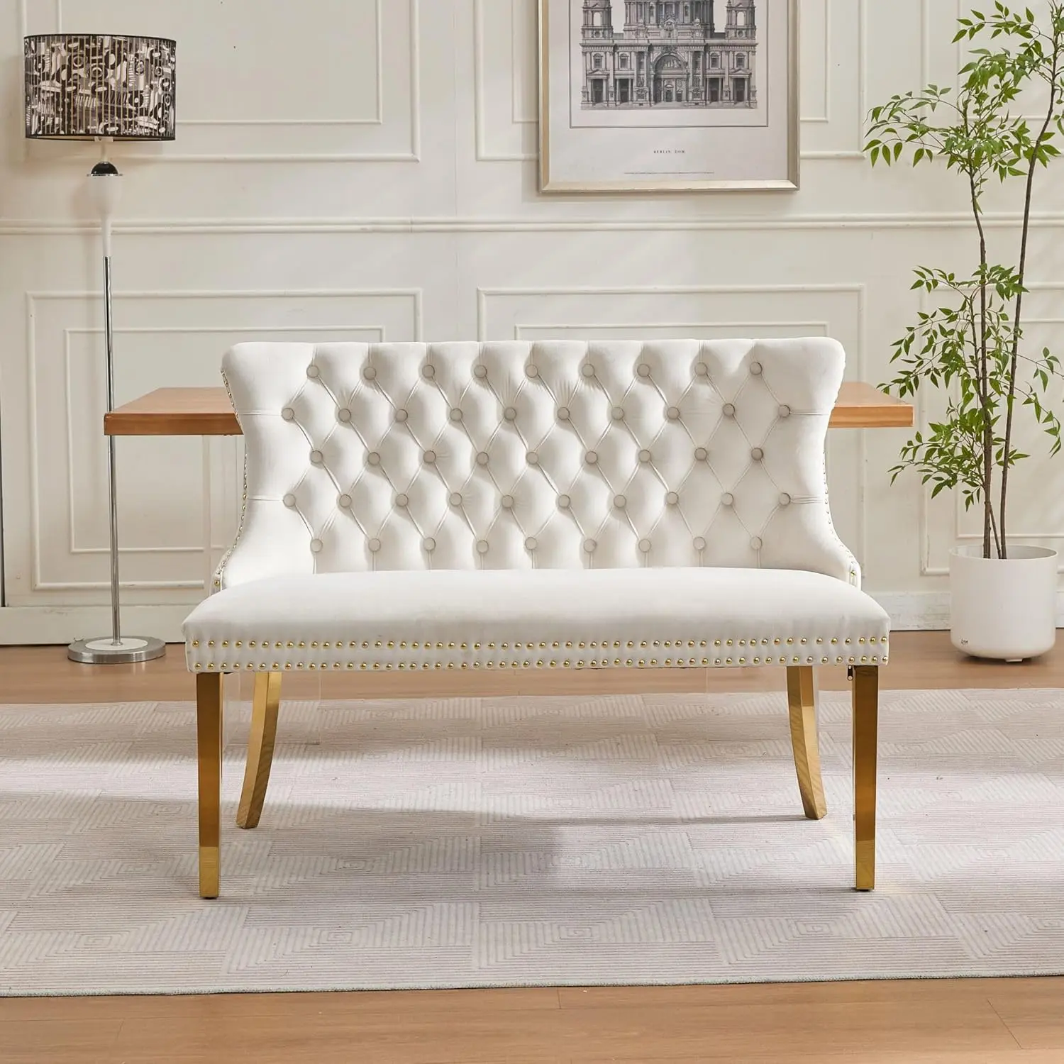 Velvet Double Dining Loveseat Bench with Wing Back, Tufted Upholstered 2-Seat Design,Golden Stainless Steel Legs, Modern Mid-Century Accent Seating for Dining Room, Kitchen, or Entryway (Beige)