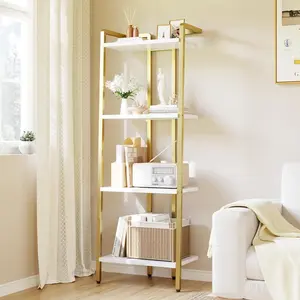 【GARVEE】4 Tier Ladder Shelf Gold Metal Frame Marble Finish MDF Board Adjustable Legs for Living Room, Home Office, Kitchen