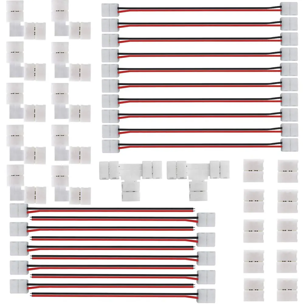 2Pin 8mm LED Strip Connector Kit - 12V-24V 3A Solderless Solution with 2-Pin Right Angle Corner, T-Shape, Gapless Connectors, 10-20cm Jumper Cables for Flexible SMD2835 Non-COB Tape Lights (DIY Projects), Anti-Oxidation Layer, Flame-Retardant