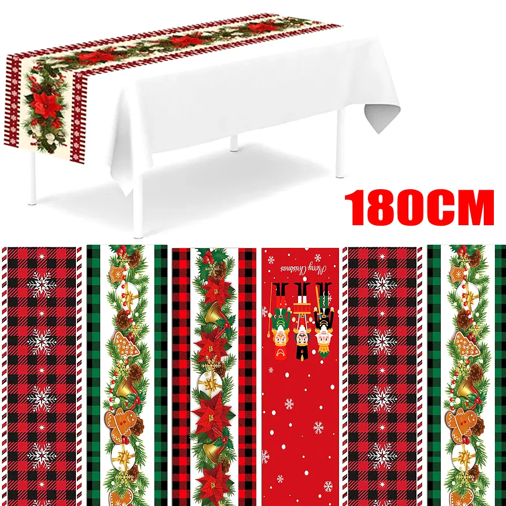 Festive 1-Piece 2024 Polyester Decorative Rectangle Christmas Tablecloth (180x35cm) - Bright Colors Red Holiday Decoration with Flower, Snowflake, Gingerbread Prints for Home Party Supplies