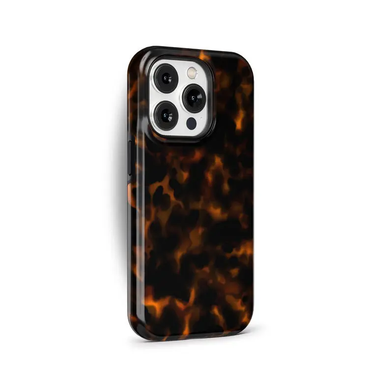 Dark Orange Tortoise Shell Shiny Plastic-Rubber 2-Layer Shell Guards Drops Case for iPhone 13,14,15,16,17 Pro Max - Wireless-Compatible, Shockproof, Sunbright Colors Phone Accessory Gift