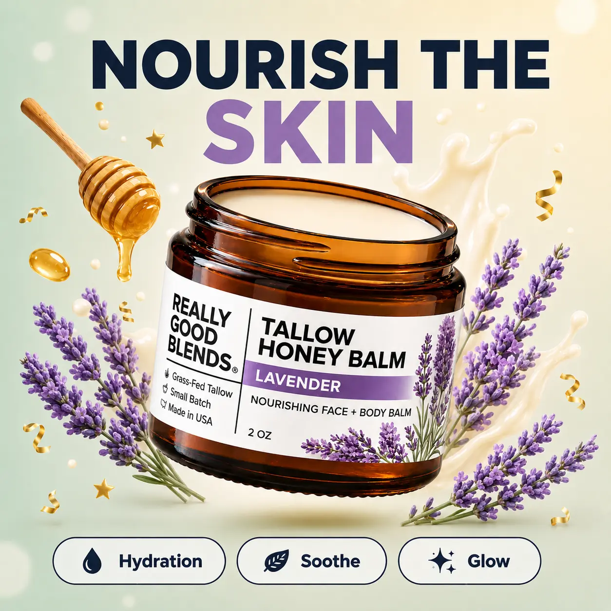 REALLY GOOD BLENDS Tallow Honey Balm, Made in USA, Grass-fed Beef Tallow for Skin, Organic Face Cream with 100% All Natural Ingredients - 2 oz
