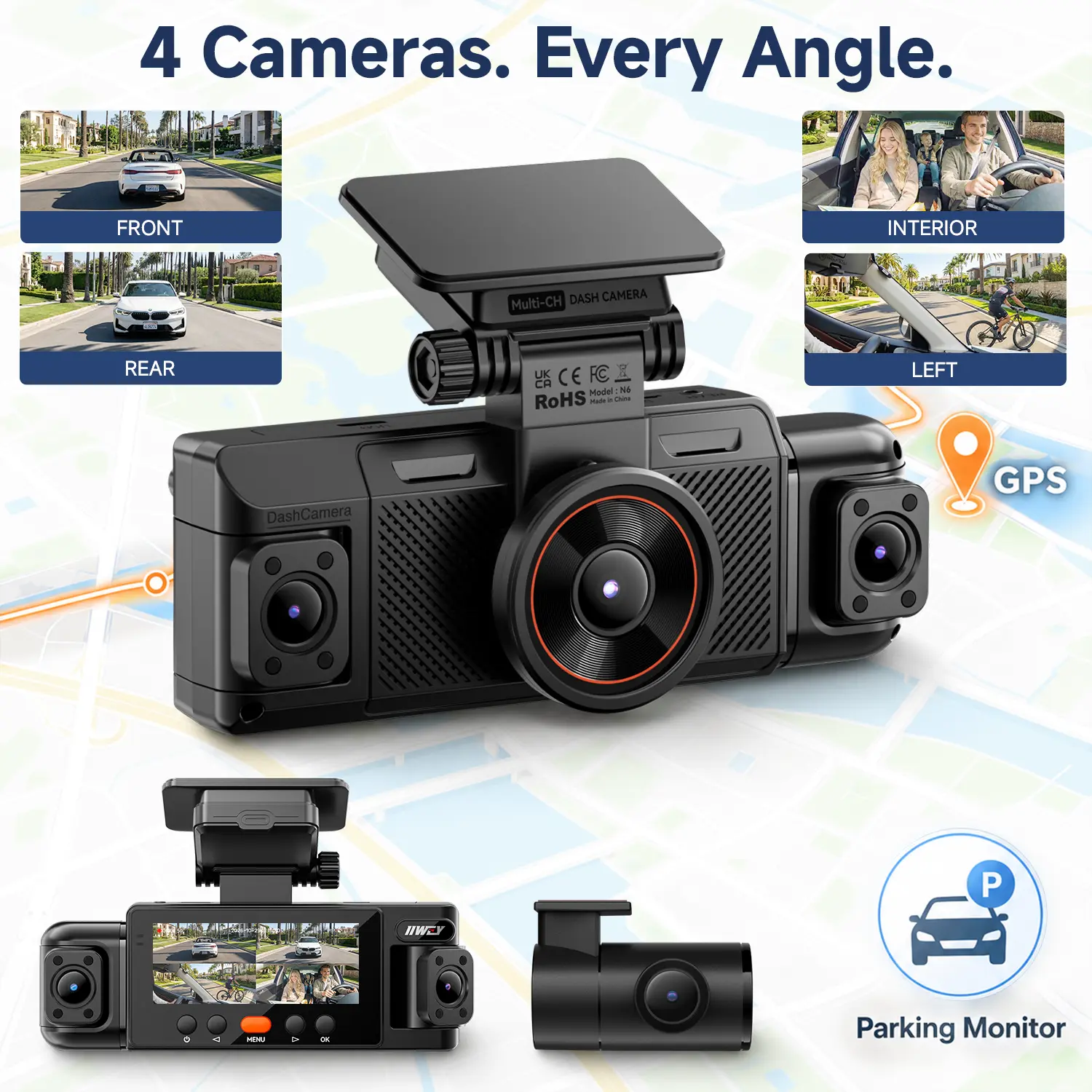 【N6 4-Channel】IIWEY 360° Dash Cam FHD Front Rear & Inside Car Camera, Free 128GB Card, 8 IR Night Vision, 5.8G WiFi-6 App, 24/7 Parking Mode, 3.16” IPS Screen, GPS, G-Sensor, Loop Recording, Car Accessories, #tiktokshopstockup