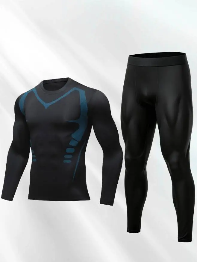 Men's 2-Piece Thermal Sportswear Set, High-Elasticity Fleece-Lined Plain Base Layer, Warm Breathable Casual Underwear for Fitness, Soccer, Relaxation