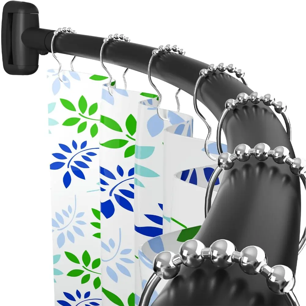 Black Metal Curved Shower Curtain Rod, 45-72 in Adjustable, Rustproof Round Never-Fall Design, Durable Drill-Required Bathroom Rod, 45-72 Inch