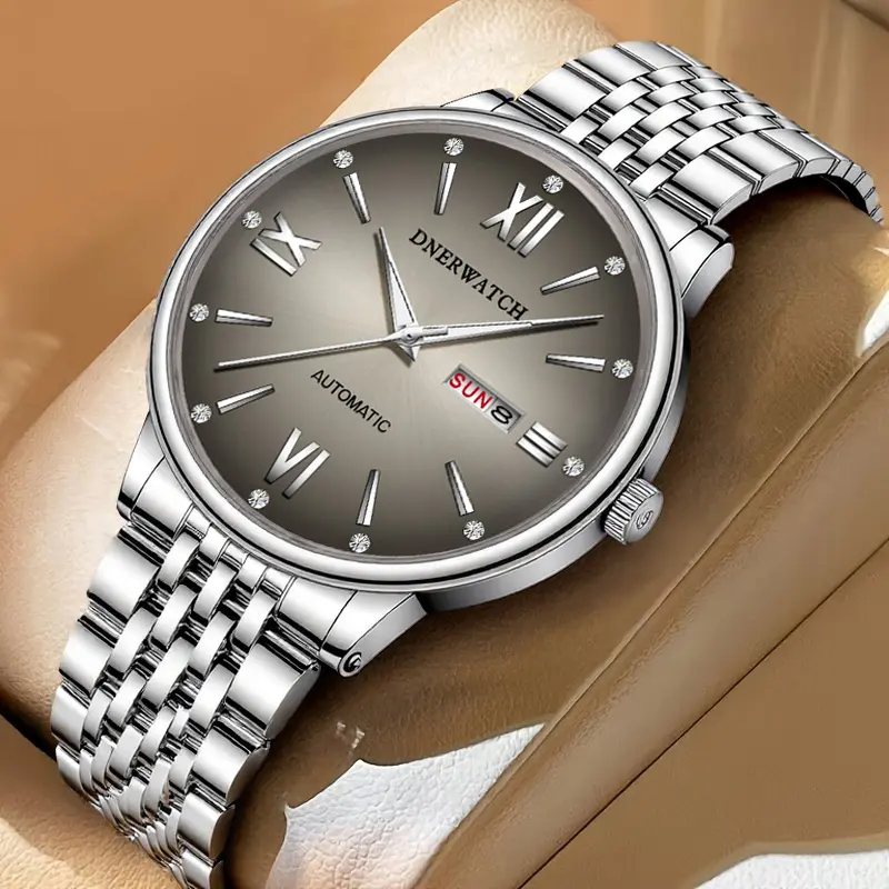 DNERWATCH Luxury Men's Automatic Mechanical Wristwatch, Minimalist Dark Gray Roman Numeral Dial, Day-Date Dual Display, Stainless Steel Strap, Mineral Glass, Waterproof Business-Casual Fashion Watch