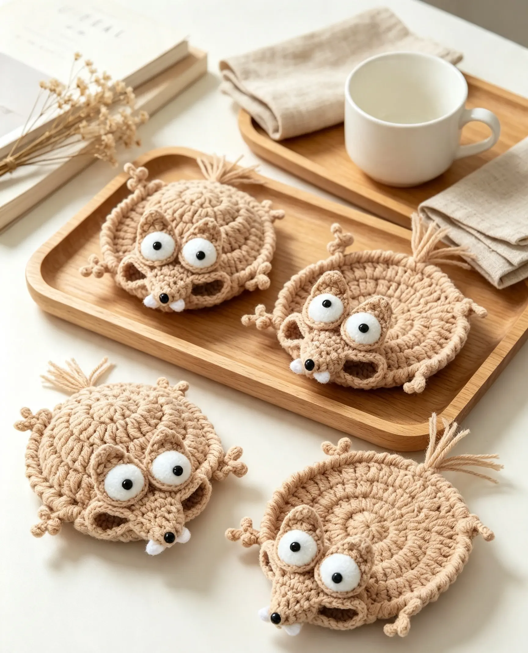 2-Piece Handmade Crochet Cartoon Animal Coasters - Stress-Relieving, Heat-Insulating, Anti-Scald Indoor Recreation Dining Table Mats